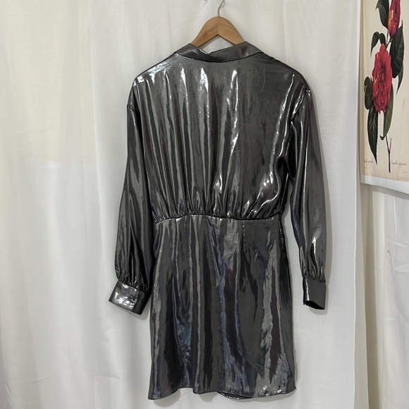 Zara Shiny Sliver Sheer Long Sleeve Faux Wrap Dress a230 - Picture 6 of 6